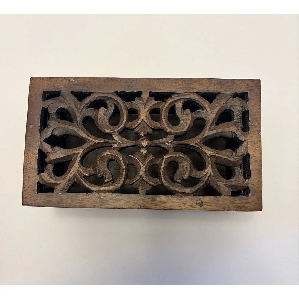 Hand Carved Wooden Trinket Pen Pencil Jewelry Box Hinged Open Cut Decorative